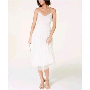 Adrianna Papell Bead Tulle Tea Length Ivory White Long Dress Women's Size 6